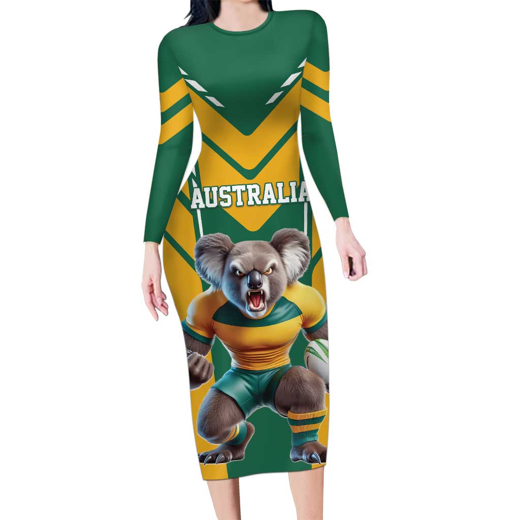 Custom Australia Rugby Long Sleeve Bodycon Dress Koala Mascot Sporty Style - Wonder Print Shop