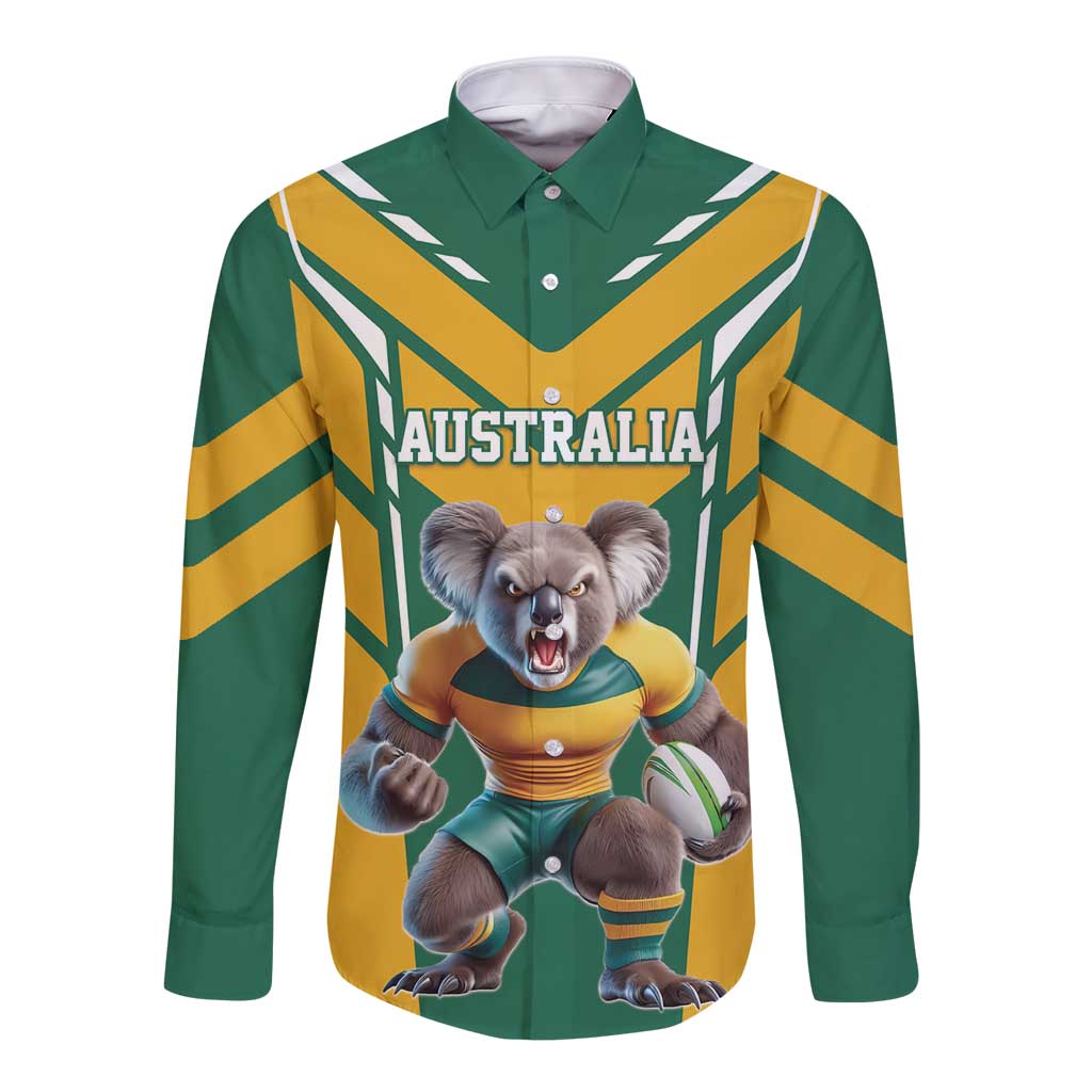 Custom Australia Rugby Long Sleeve Button Shirt Koala Mascot Sporty Style - Wonder Print Shop