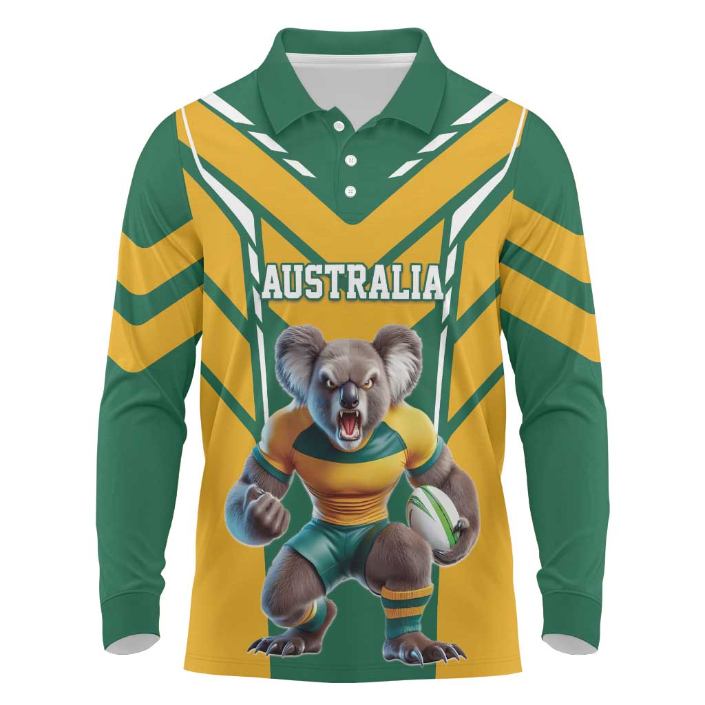 Custom Australia Rugby Long Sleeve Polo Shirt Koala Mascot Sporty Style - Wonder Print Shop
