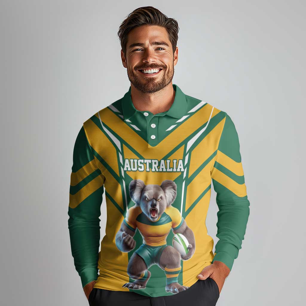 Custom Australia Rugby Long Sleeve Polo Shirt Koala Mascot Sporty Style - Wonder Print Shop