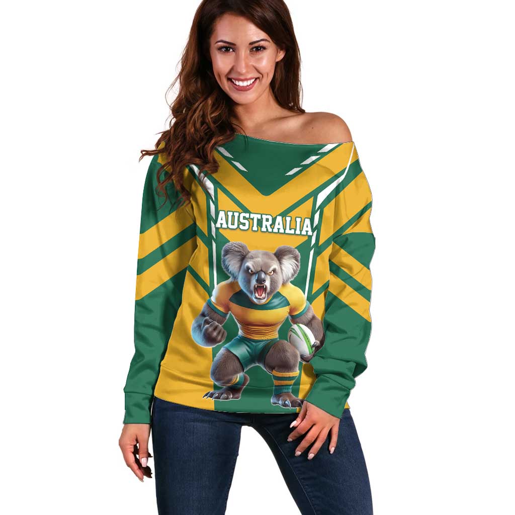Custom Australia Rugby Off Shoulder Sweater Koala Mascot Sporty Style - Wonder Print Shop