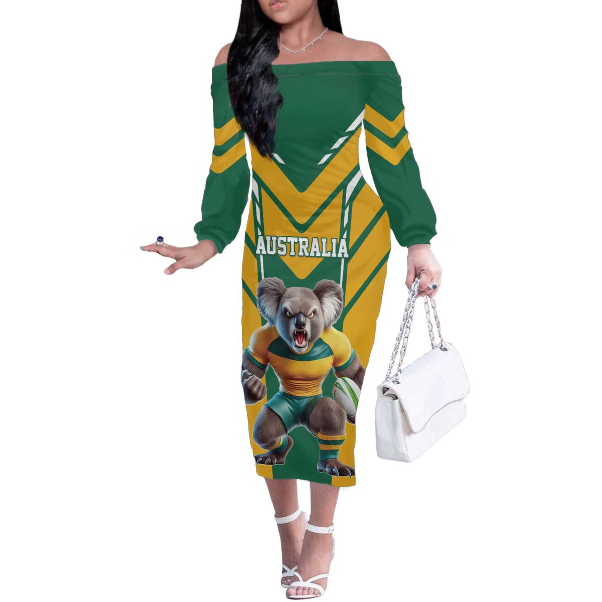 Custom Australia Rugby Off The Shoulder Long Sleeve Dress Koala Mascot Sporty Style - Wonder Print Shop