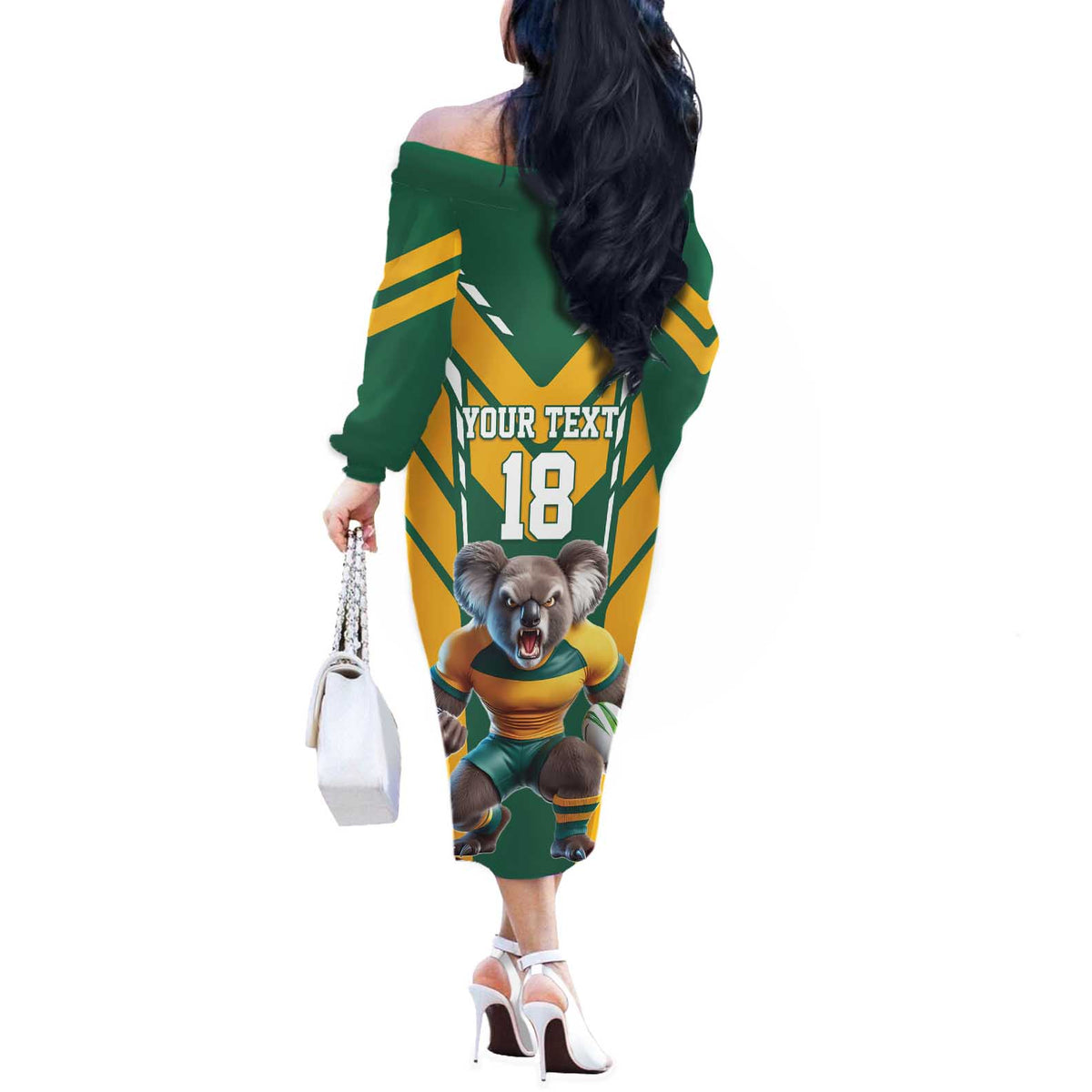 Custom Australia Rugby Off The Shoulder Long Sleeve Dress Koala Mascot Sporty Style - Wonder Print Shop