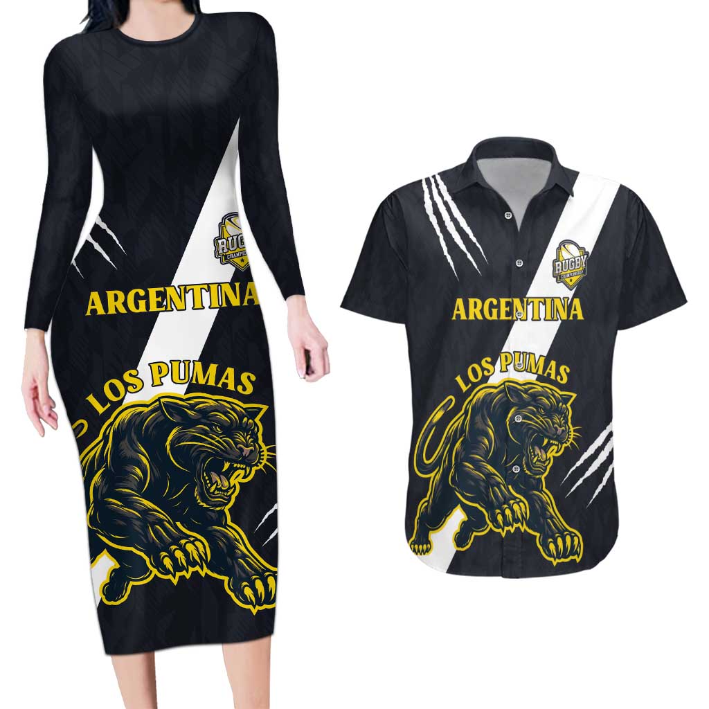 Custom Argentina Rugby Couples Matching Long Sleeve Bodycon Dress and Hawaiian Shirt Pumas Mascot - Wonder Print Shop