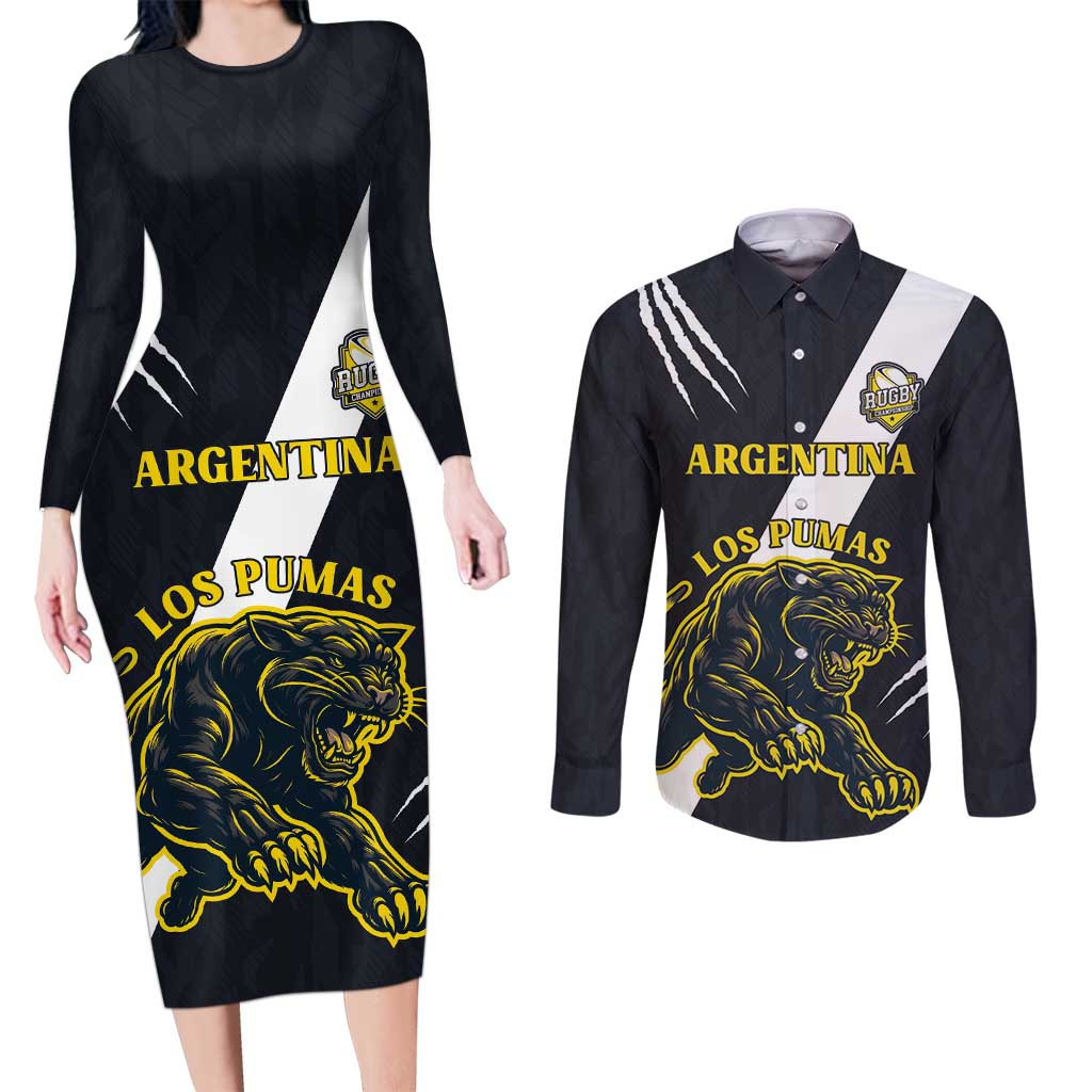 Custom Argentina Rugby Couples Matching Long Sleeve Bodycon Dress and Long Sleeve Button Shirt Pumas Mascot - Wonder Print Shop