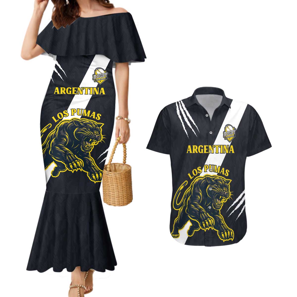 Custom Argentina Rugby Couples Matching Mermaid Dress and Hawaiian Shirt Pumas Mascot - Wonder Print Shop