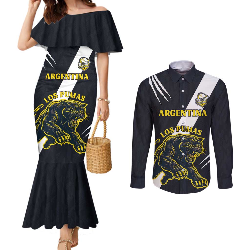 Custom Argentina Rugby Couples Matching Mermaid Dress and Long Sleeve Button Shirt Pumas Mascot - Wonder Print Shop