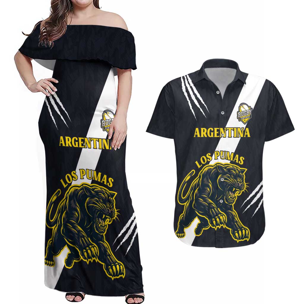 Custom Argentina Rugby Couples Matching Off Shoulder Maxi Dress and Hawaiian Shirt Pumas Mascot - Wonder Print Shop