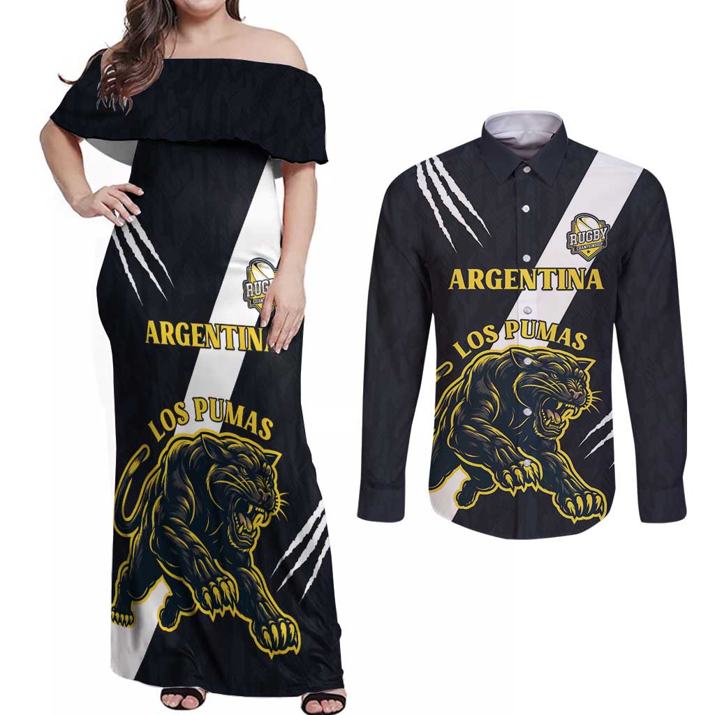 Custom Argentina Rugby Couples Matching Off Shoulder Maxi Dress and Long Sleeve Button Shirt Pumas Mascot - Wonder Print Shop