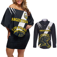 Custom Argentina Rugby Couples Matching Off Shoulder Short Dress and Long Sleeve Button Shirt Pumas Mascot - Wonder Print Shop