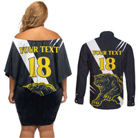 Custom Argentina Rugby Couples Matching Off Shoulder Short Dress and Long Sleeve Button Shirt Pumas Mascot - Wonder Print Shop