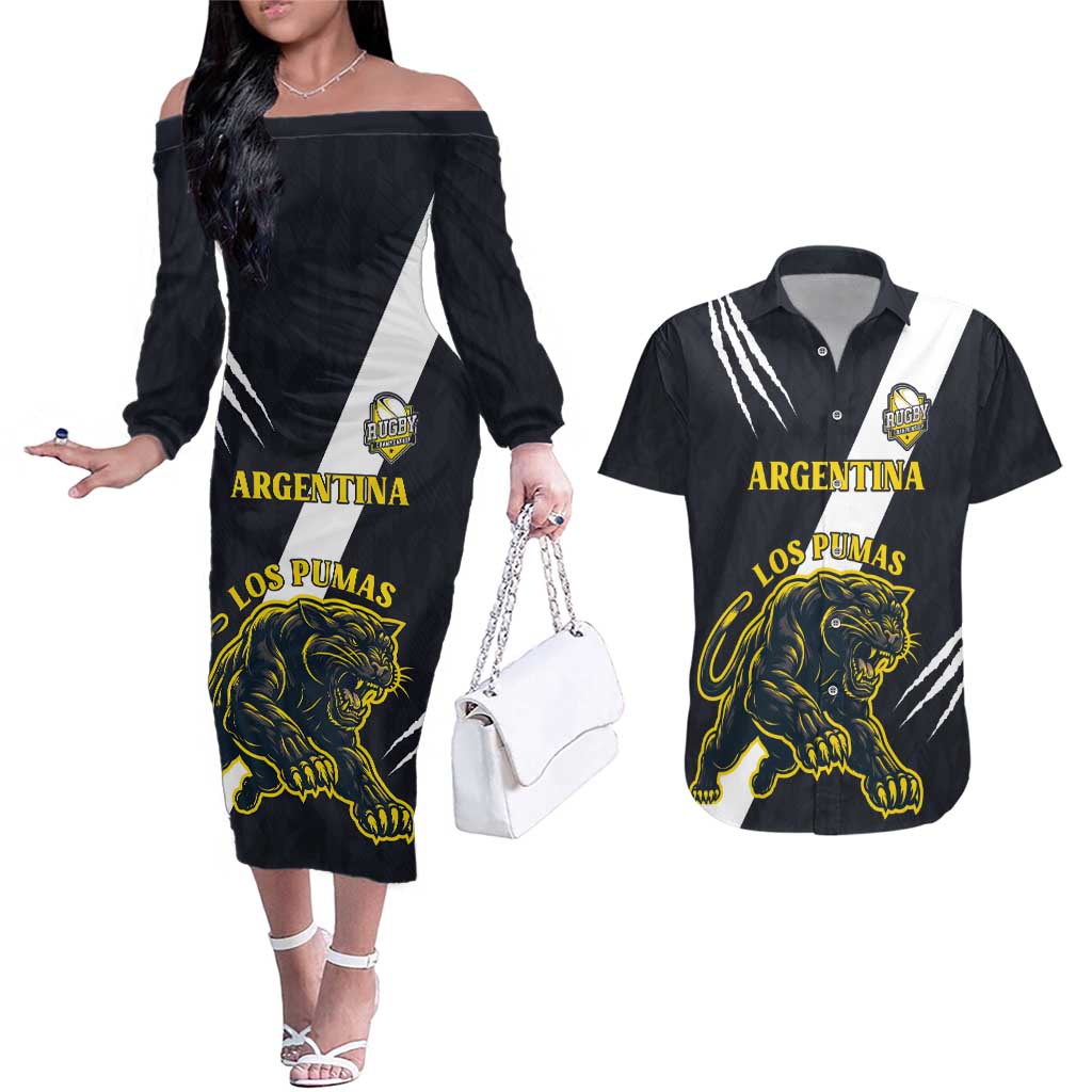 Custom Argentina Rugby Couples Matching Off The Shoulder Long Sleeve Dress and Hawaiian Shirt Pumas Mascot - Wonder Print Shop