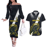Custom Argentina Rugby Couples Matching Off The Shoulder Long Sleeve Dress and Hawaiian Shirt Pumas Mascot - Wonder Print Shop
