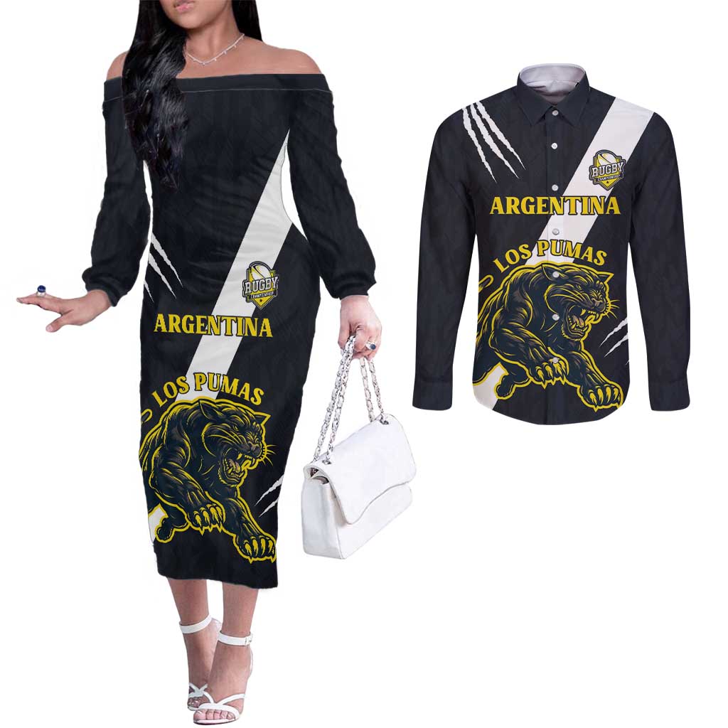 Custom Argentina Rugby Couples Matching Off The Shoulder Long Sleeve Dress and Long Sleeve Button Shirt Pumas Mascot - Wonder Print Shop