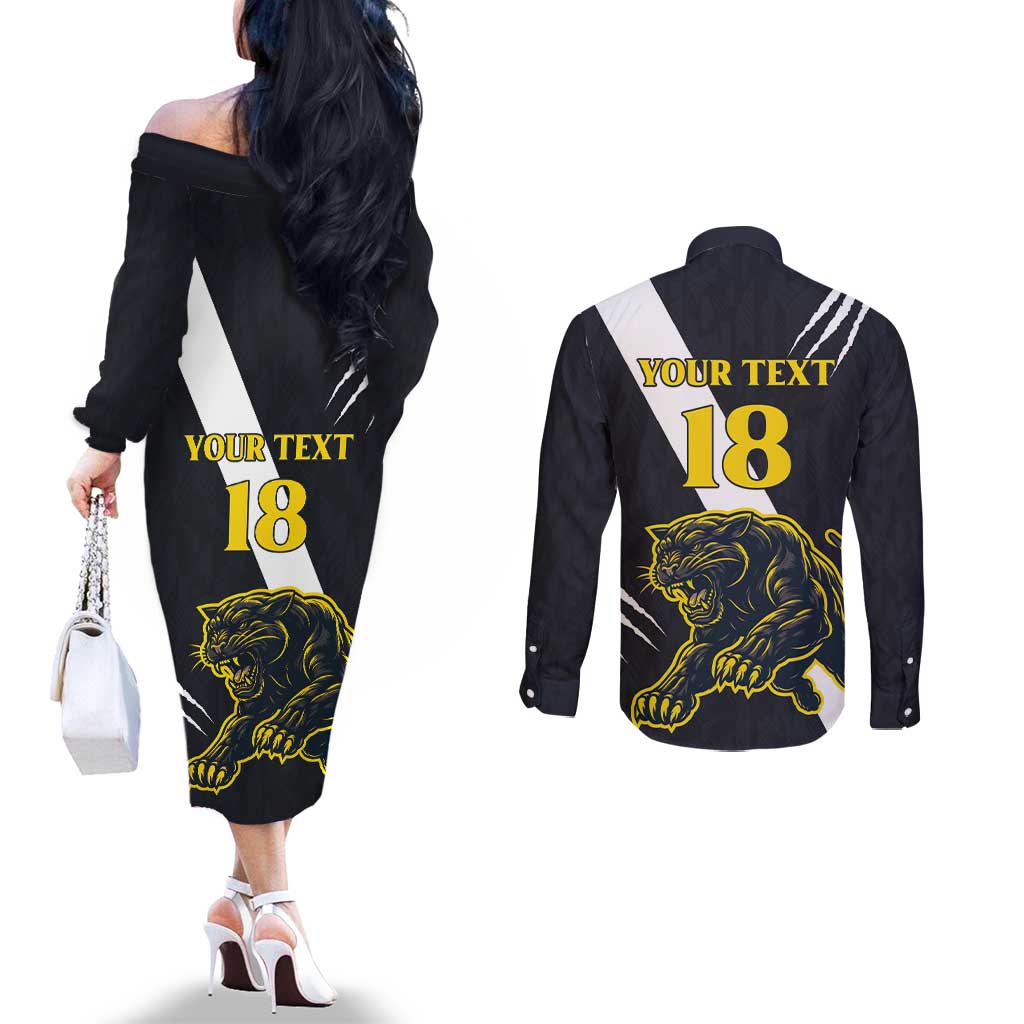 Custom Argentina Rugby Couples Matching Off The Shoulder Long Sleeve Dress and Long Sleeve Button Shirt Pumas Mascot - Wonder Print Shop