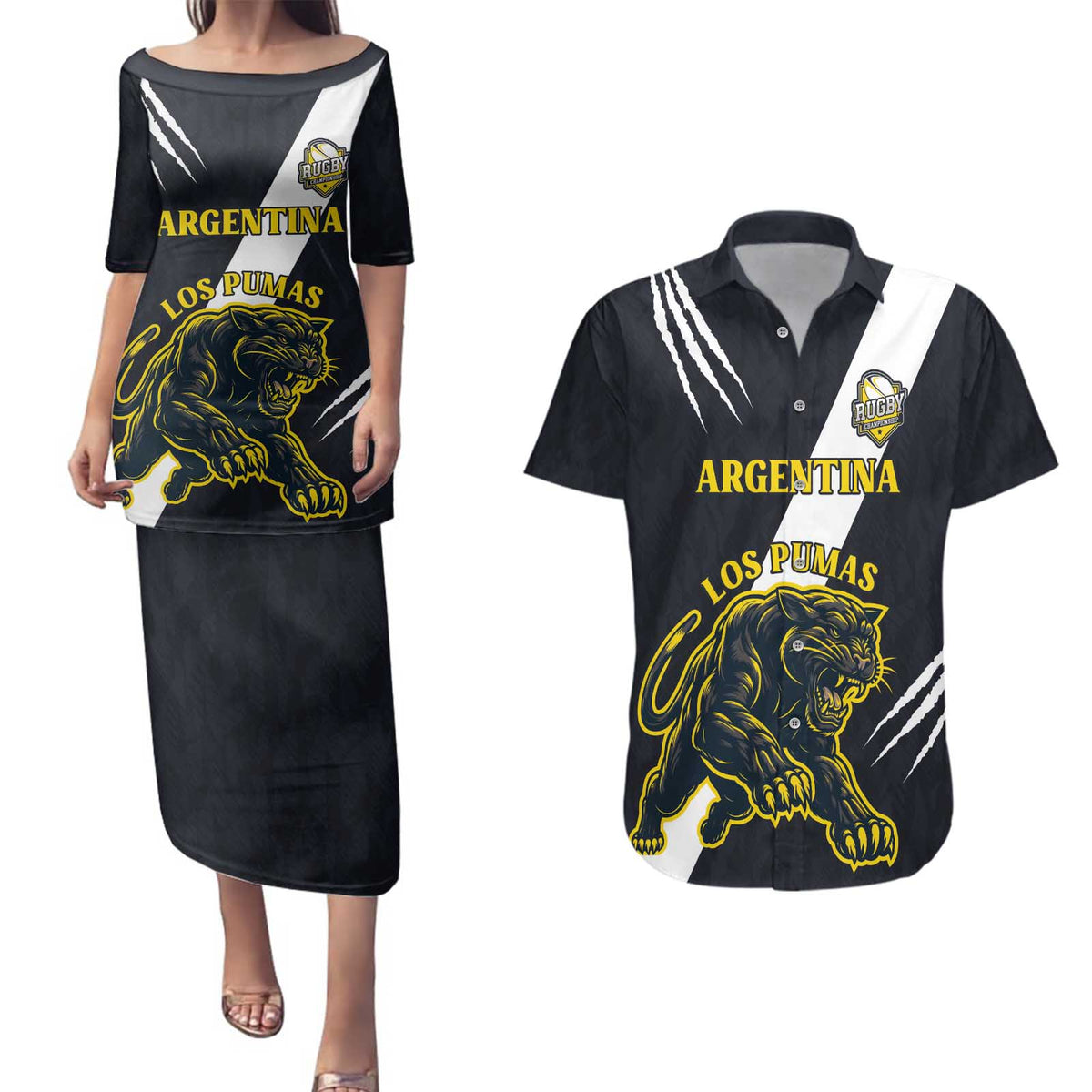 Custom Argentina Rugby Couples Matching Puletasi and Hawaiian Shirt Pumas Mascot - Wonder Print Shop