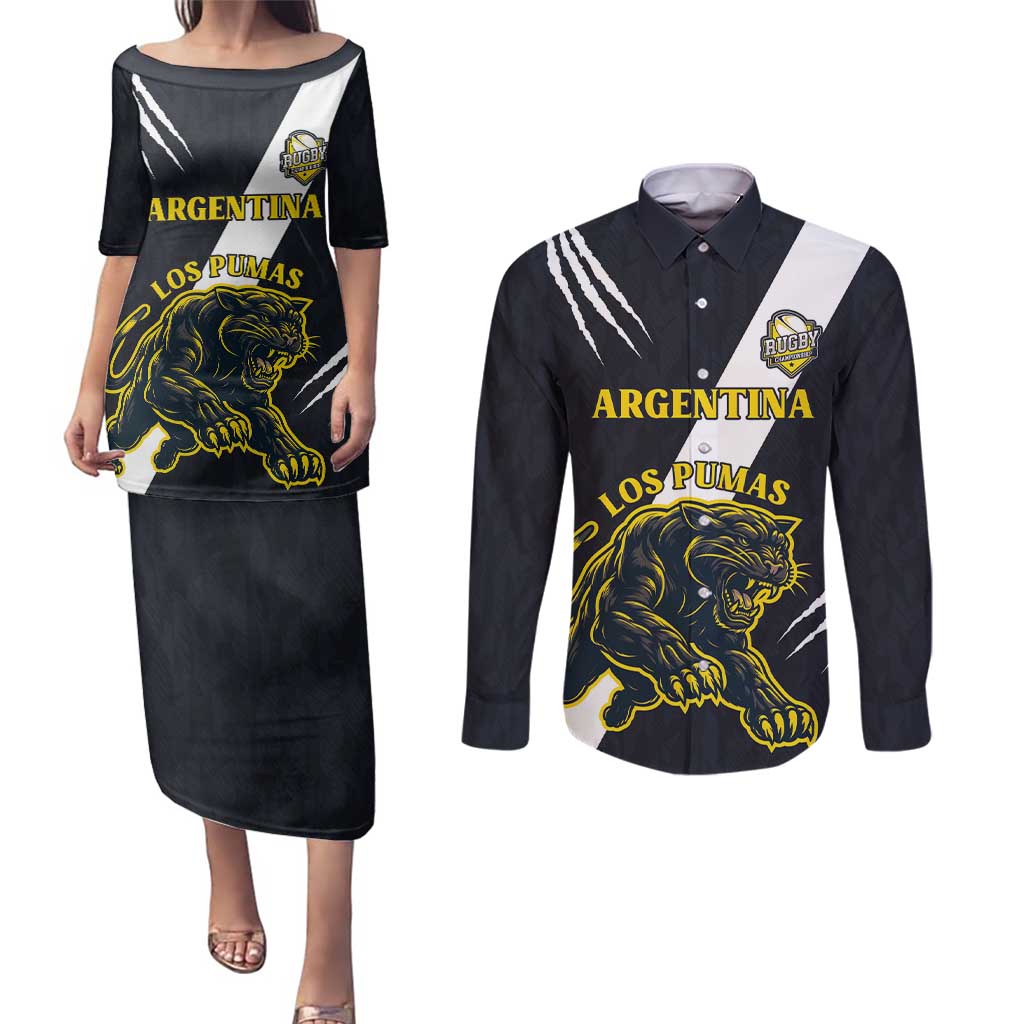 Custom Argentina Rugby Couples Matching Puletasi and Long Sleeve Button Shirt Pumas Mascot - Wonder Print Shop