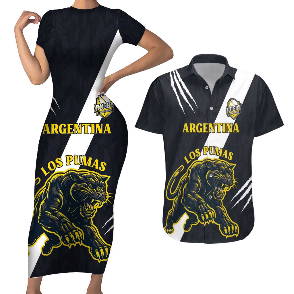 Custom Argentina Rugby Couples Matching Short Sleeve Bodycon Dress and Hawaiian Shirt Pumas Mascot - Wonder Print Shop