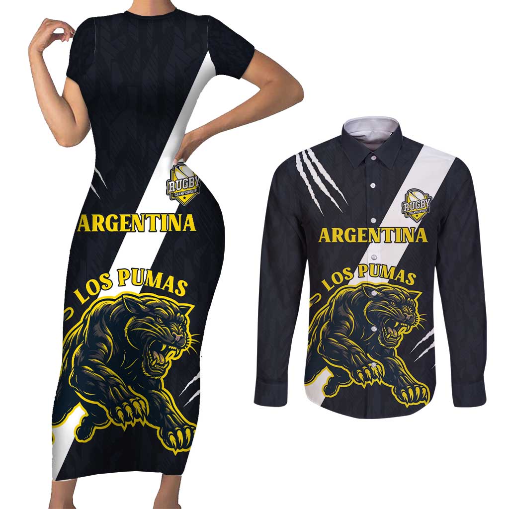 Custom Argentina Rugby Couples Matching Short Sleeve Bodycon Dress and Long Sleeve Button Shirt Pumas Mascot - Wonder Print Shop