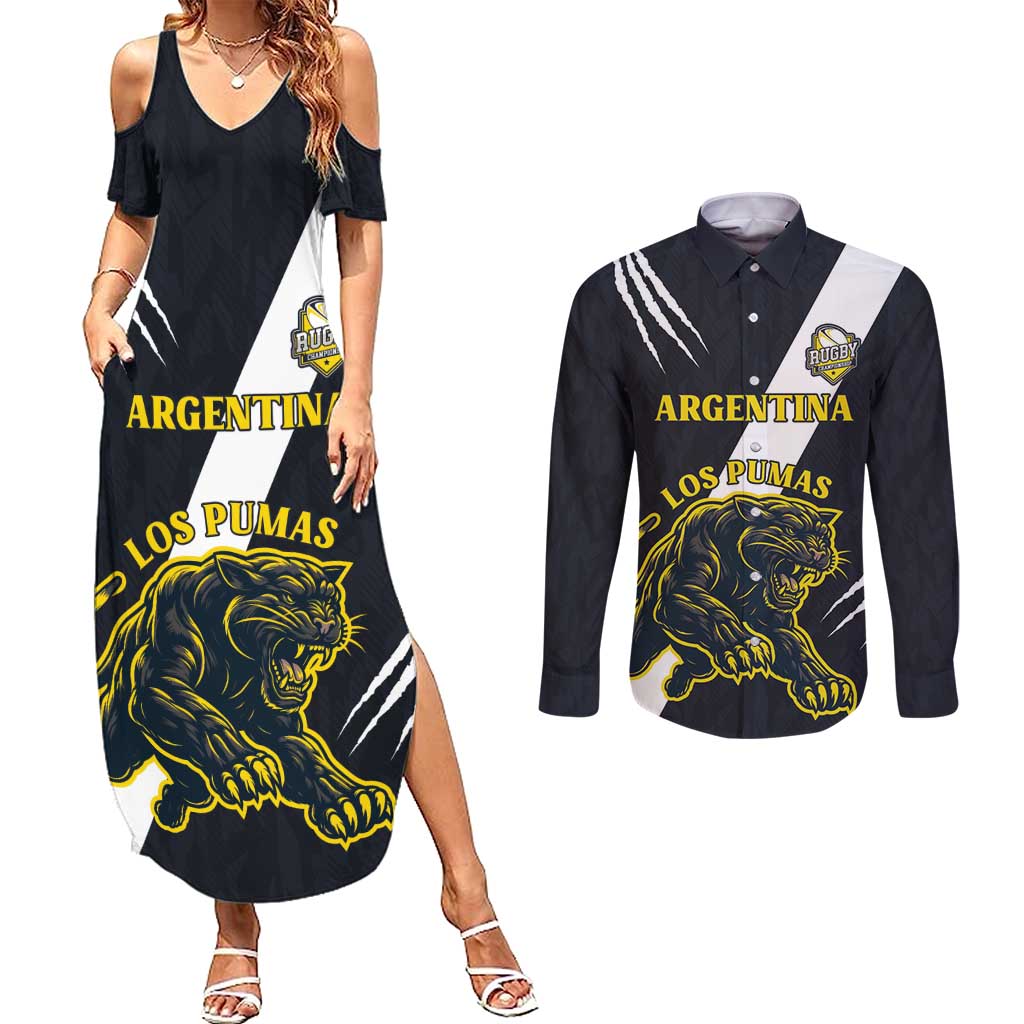 Custom Argentina Rugby Couples Matching Summer Maxi Dress and Long Sleeve Button Shirt Pumas Mascot - Wonder Print Shop