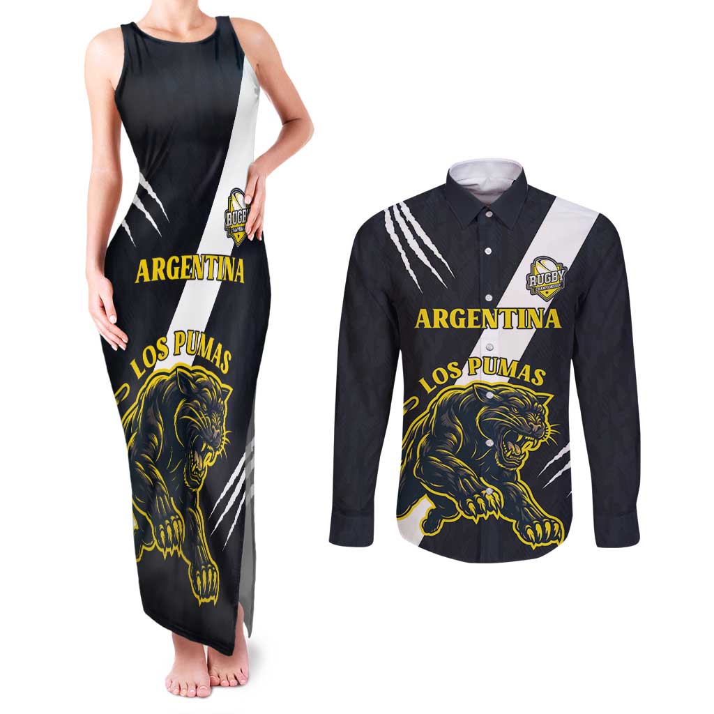 Custom Argentina Rugby Couples Matching Tank Maxi Dress and Long Sleeve Button Shirt Pumas Mascot - Wonder Print Shop
