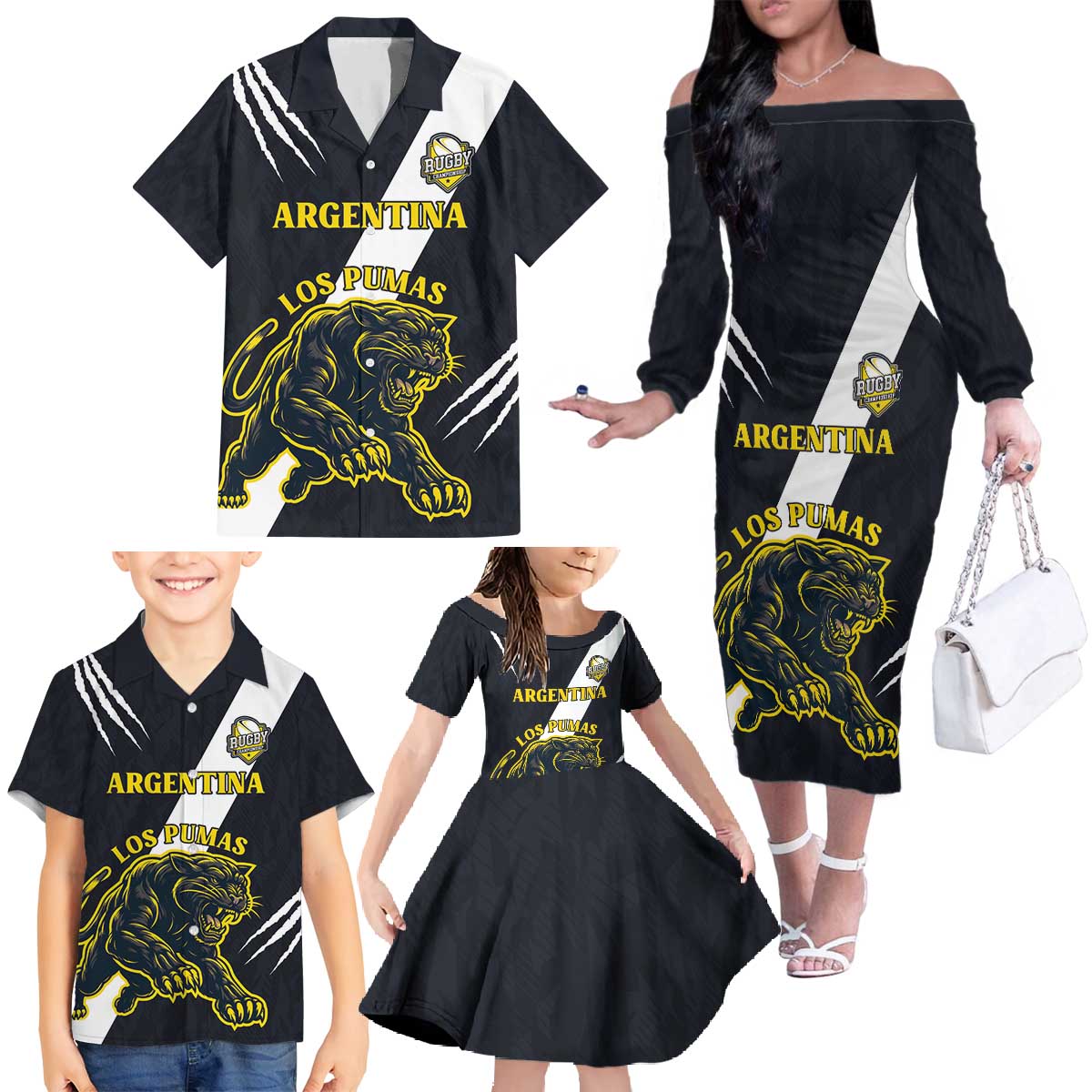 Custom Argentina Rugby Family Matching Off The Shoulder Long Sleeve Dress and Hawaiian Shirt Pumas Mascot - Wonder Print Shop