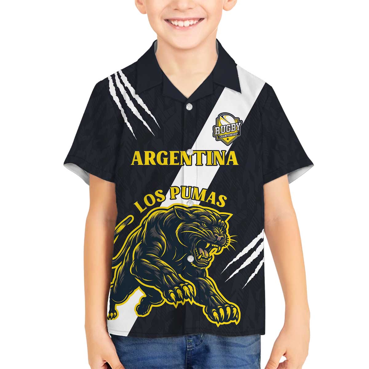 Custom Argentina Rugby Family Matching Off The Shoulder Long Sleeve Dress and Hawaiian Shirt Pumas Mascot - Wonder Print Shop