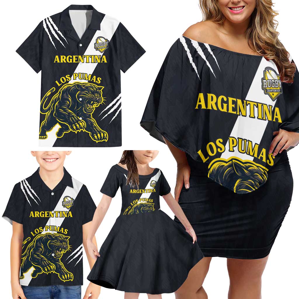 Custom Argentina Rugby Family Matching Off Shoulder Short Dress and Hawaiian Shirt Pumas Mascot - Wonder Print Shop