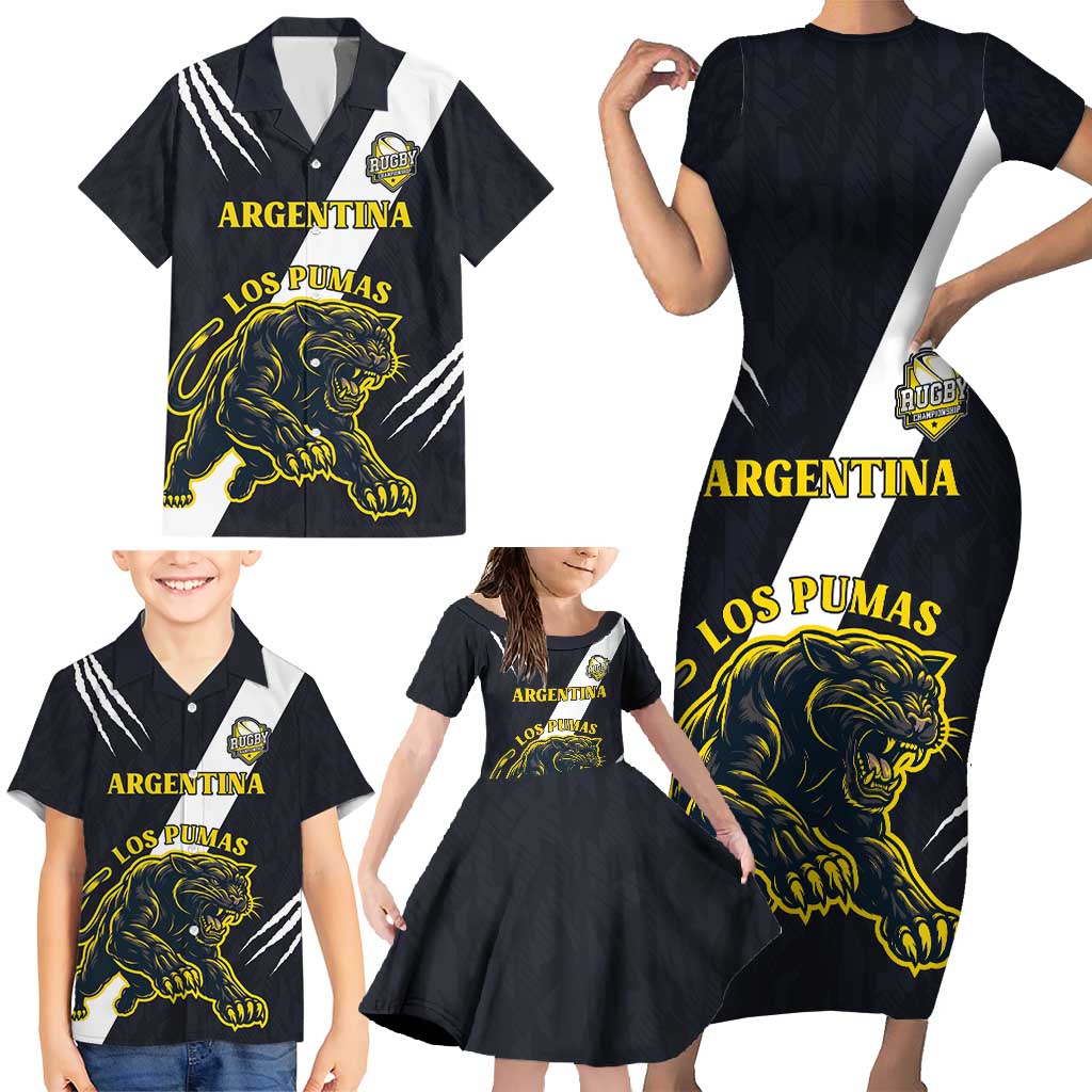 Custom Argentina Rugby Family Matching Short Sleeve Bodycon Dress and Hawaiian Shirt Pumas Mascot - Wonder Print Shop