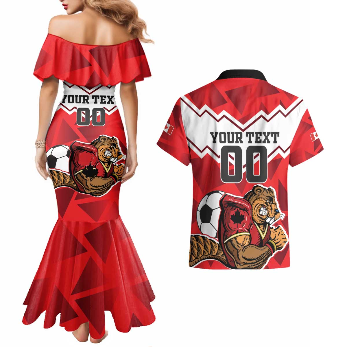 Custom Canada Football Couples Matching Mermaid Dress and Hawaiian Shirt Beavers Mascot - Wonder Print Shop
