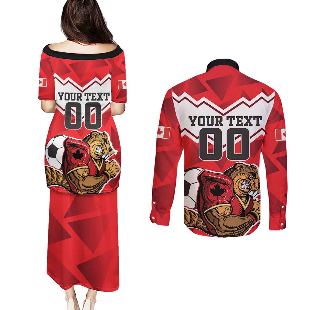 Custom Canada Football Couples Matching Puletasi and Long Sleeve Button Shirt Beavers Mascot - Wonder Print Shop