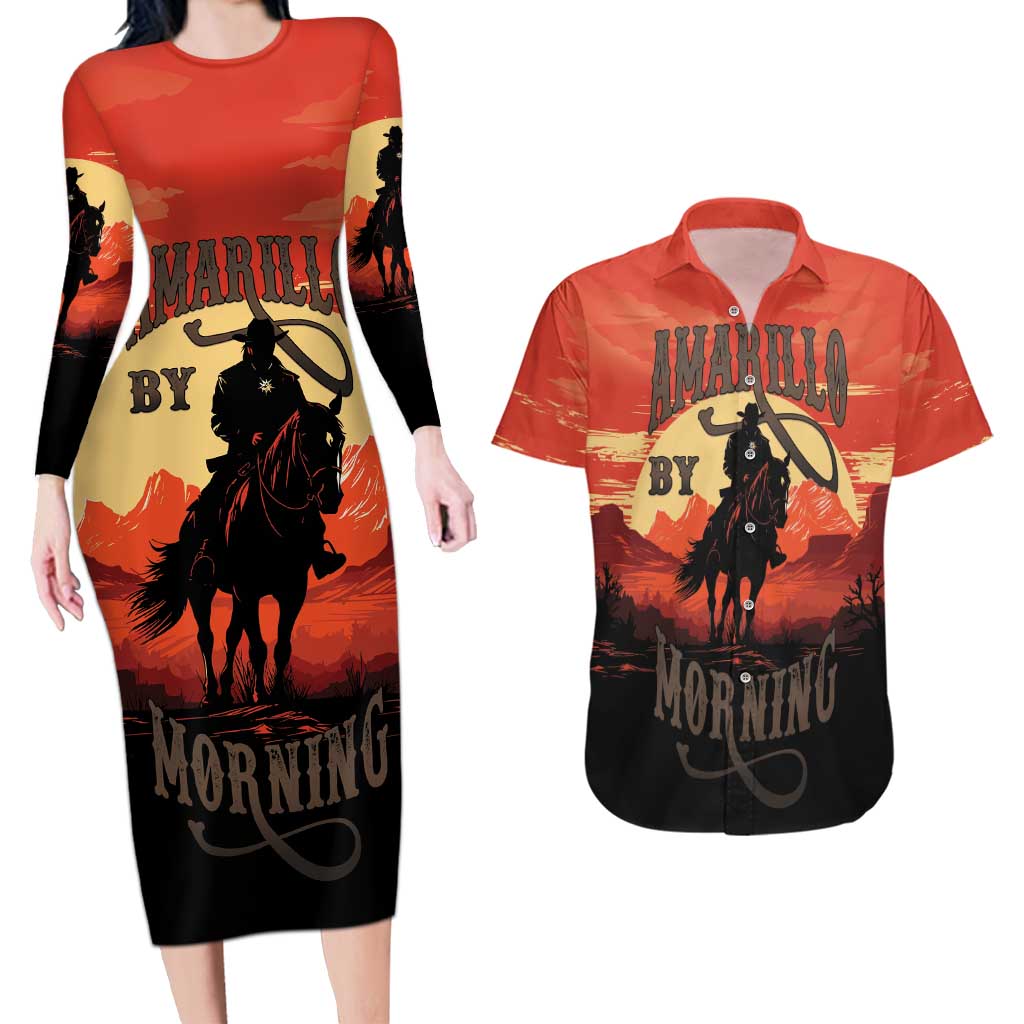 Rodeo Cowboy Couples Matching Long Sleeve Bodycon Dress and Hawaiian Shirt Amarillo By Morning - Wonder Print Shop