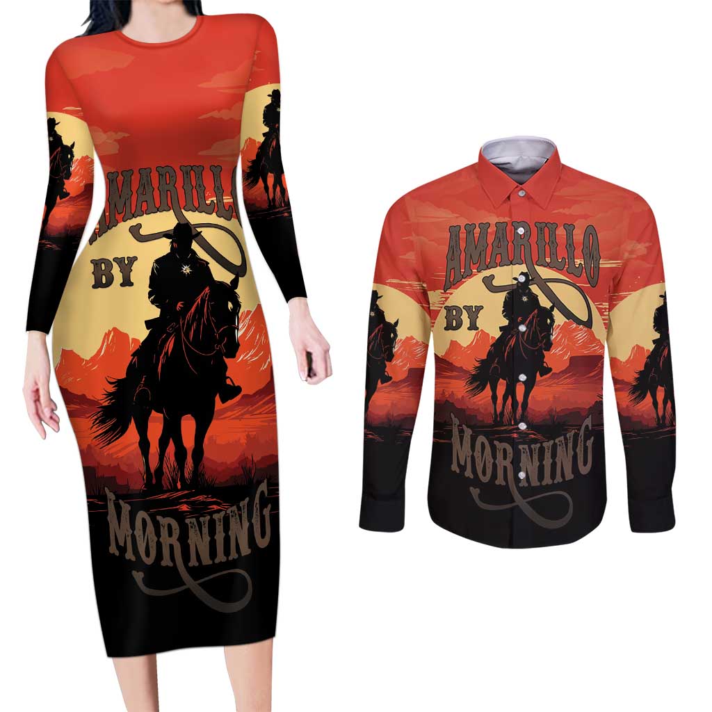 Rodeo Cowboy Couples Matching Long Sleeve Bodycon Dress and Long Sleeve Button Shirt Amarillo By Morning - Wonder Print Shop