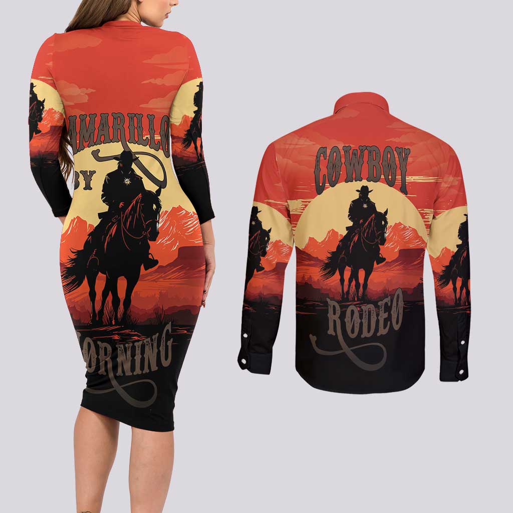 Rodeo Cowboy Couples Matching Long Sleeve Bodycon Dress and Long Sleeve Button Shirt Amarillo By Morning - Wonder Print Shop