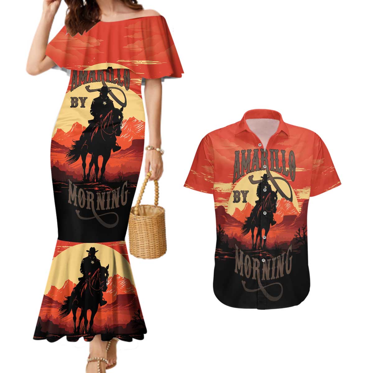 Rodeo Cowboy Couples Matching Mermaid Dress and Hawaiian Shirt Amarillo By Morning - Wonder Print Shop