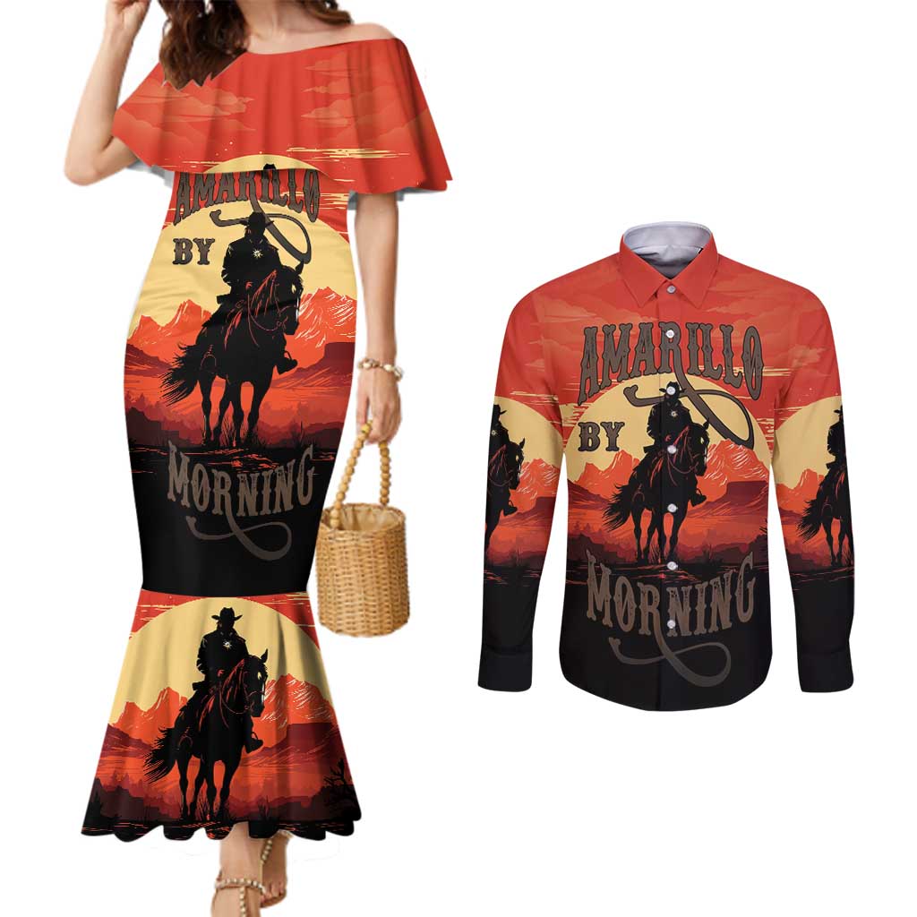 Rodeo Cowboy Couples Matching Mermaid Dress and Long Sleeve Button Shirt Amarillo By Morning - Wonder Print Shop