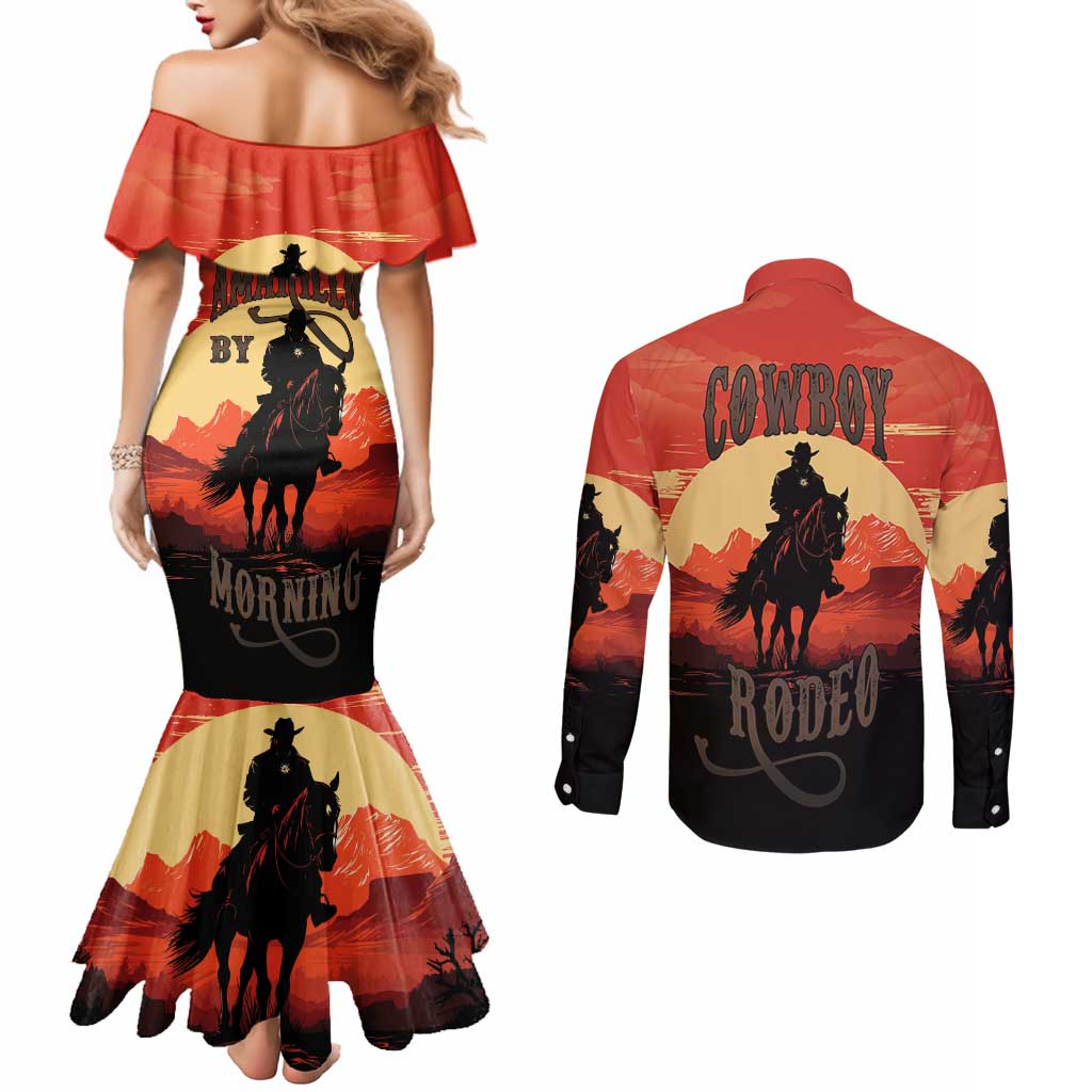 Rodeo Cowboy Couples Matching Mermaid Dress and Long Sleeve Button Shirt Amarillo By Morning - Wonder Print Shop