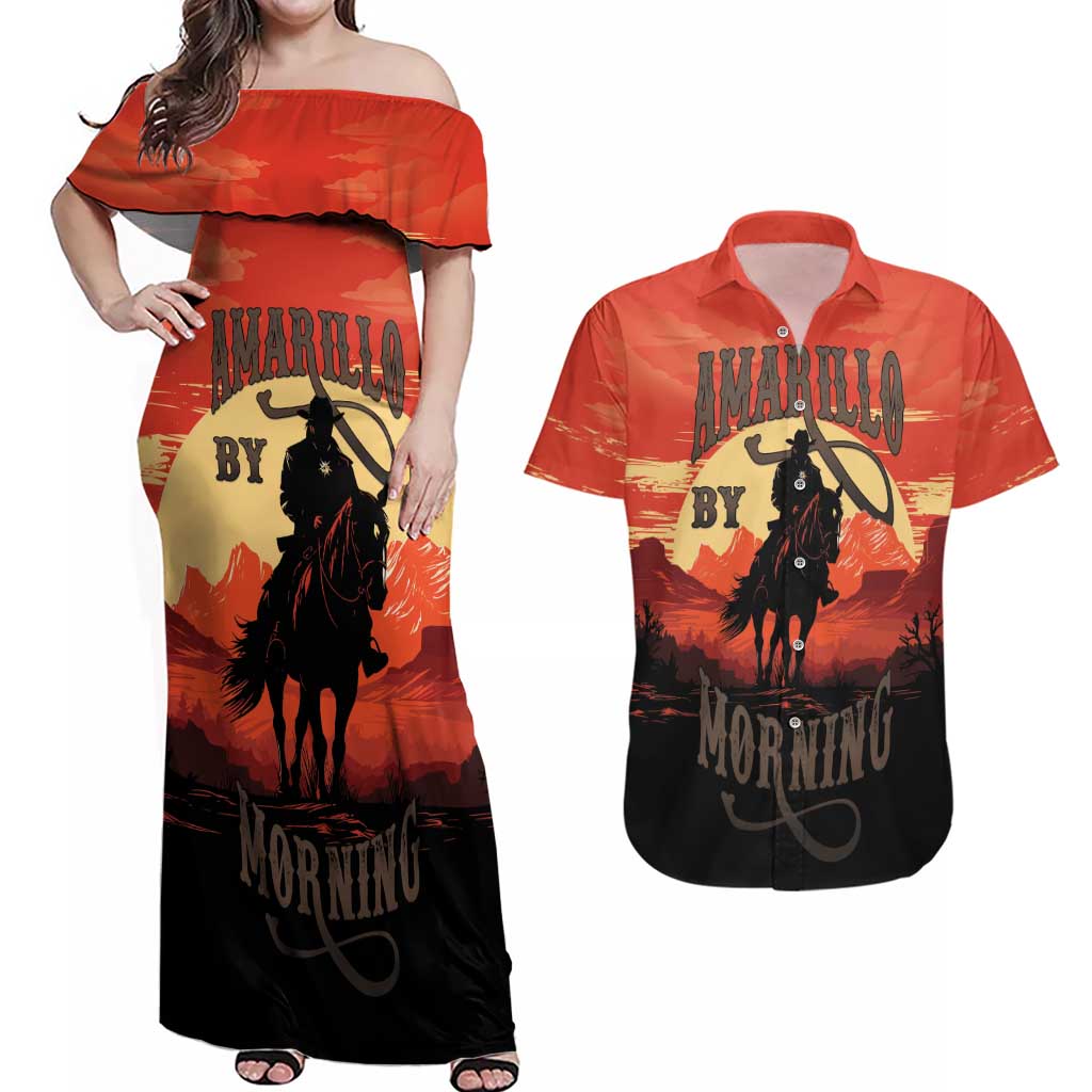 Rodeo Cowboy Couples Matching Off Shoulder Maxi Dress and Hawaiian Shirt Amarillo By Morning - Wonder Print Shop