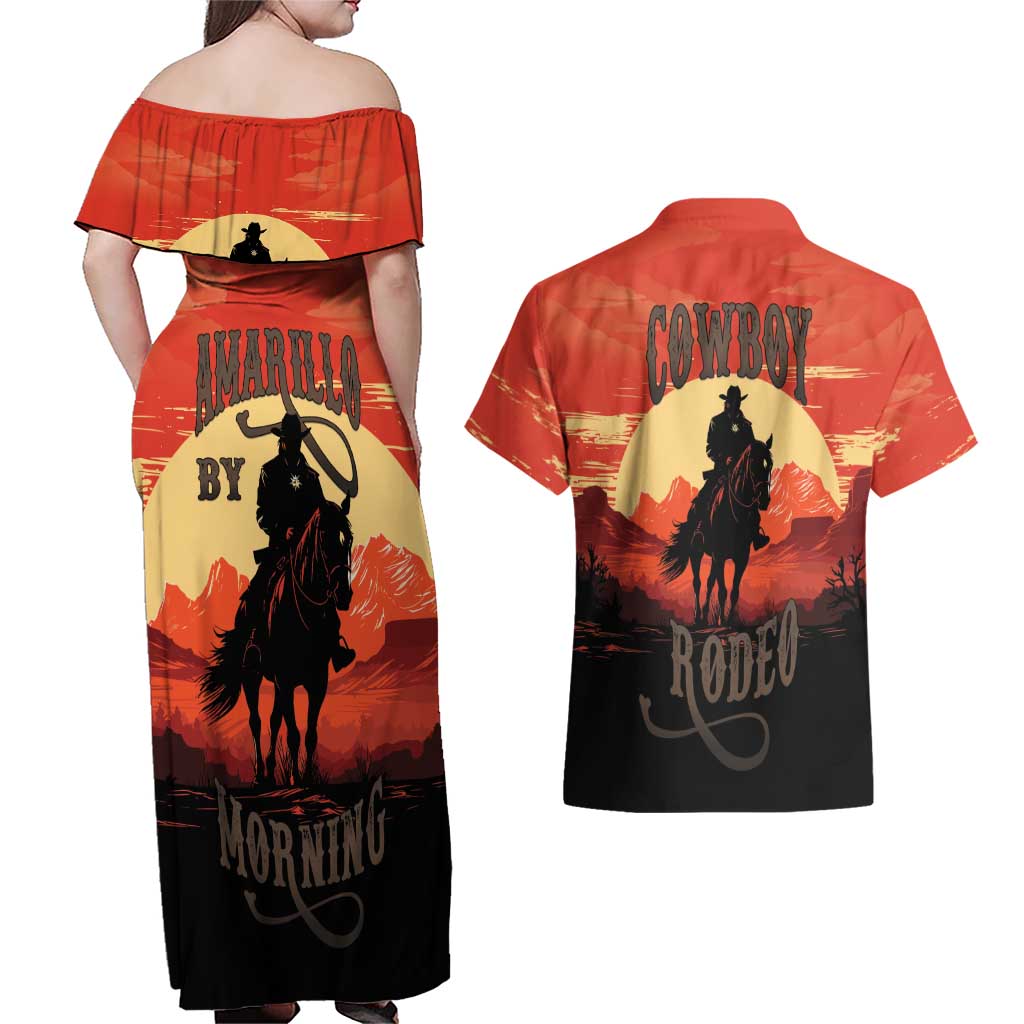 Rodeo Cowboy Couples Matching Off Shoulder Maxi Dress and Hawaiian Shirt Amarillo By Morning - Wonder Print Shop