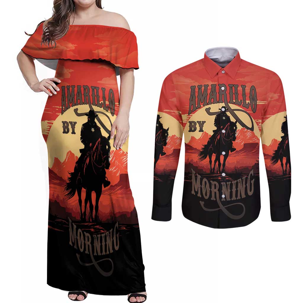 Rodeo Cowboy Couples Matching Off Shoulder Maxi Dress and Long Sleeve Button Shirt Amarillo By Morning - Wonder Print Shop