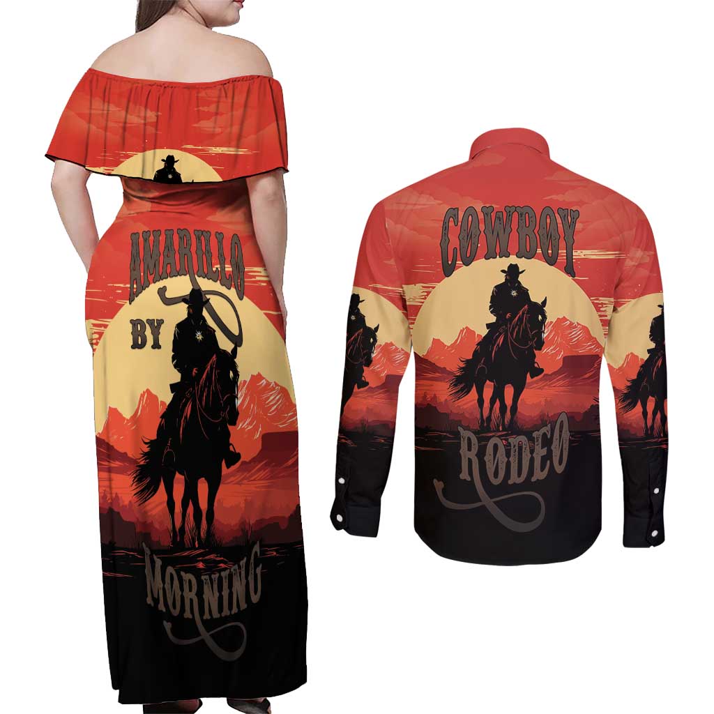 Rodeo Cowboy Couples Matching Off Shoulder Maxi Dress and Long Sleeve Button Shirt Amarillo By Morning - Wonder Print Shop