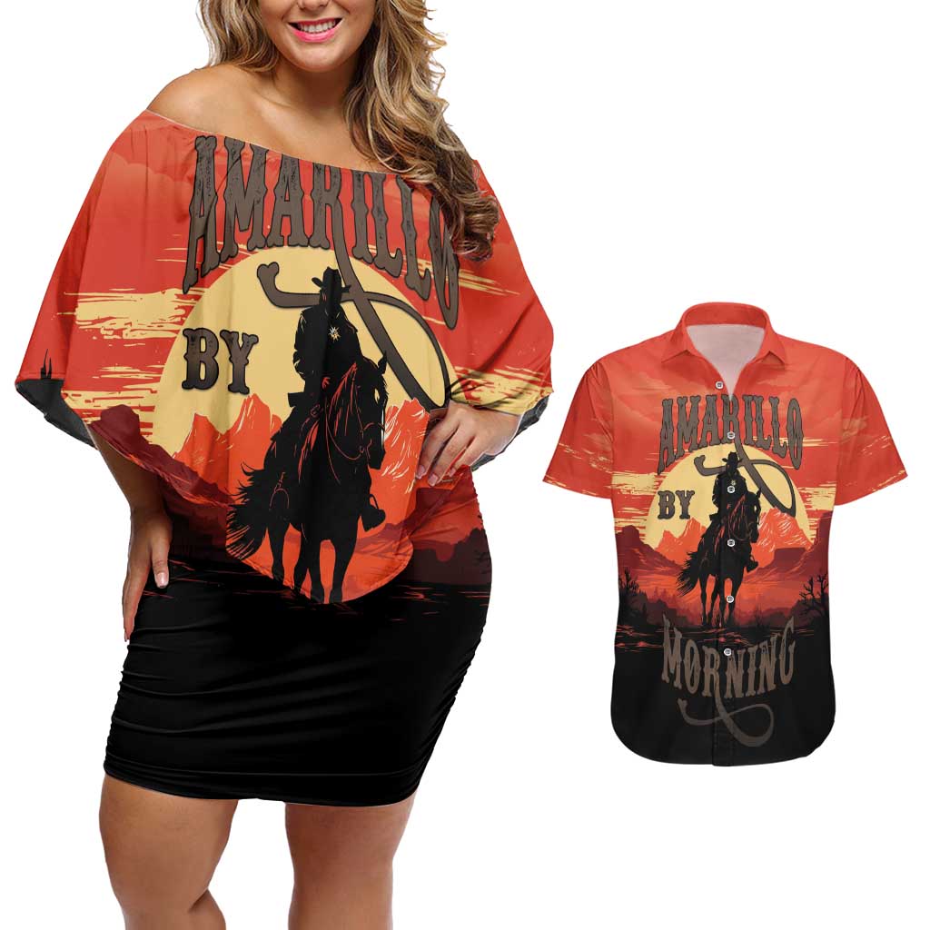 Rodeo Cowboy Couples Matching Off Shoulder Short Dress and Hawaiian Shirt Amarillo By Morning - Wonder Print Shop