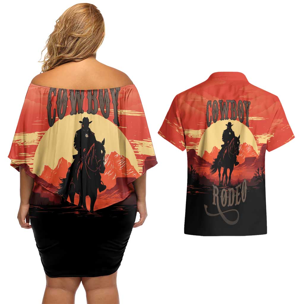 Rodeo Cowboy Couples Matching Off Shoulder Short Dress and Hawaiian Shirt Amarillo By Morning - Wonder Print Shop