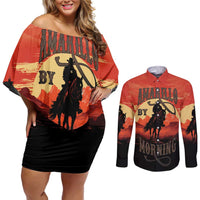 Rodeo Cowboy Couples Matching Off Shoulder Short Dress and Long Sleeve Button Shirt Amarillo By Morning - Wonder Print Shop
