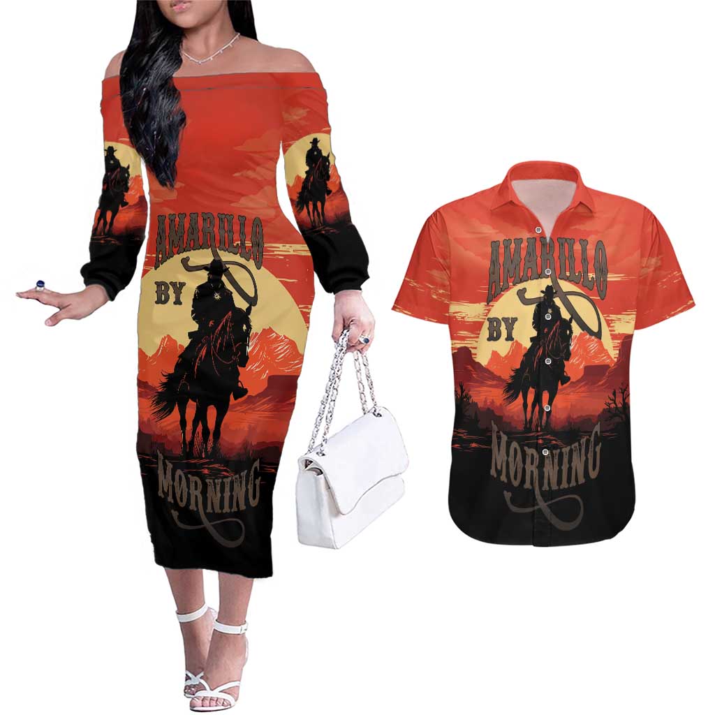 Rodeo Cowboy Couples Matching Off The Shoulder Long Sleeve Dress and Hawaiian Shirt Amarillo By Morning - Wonder Print Shop