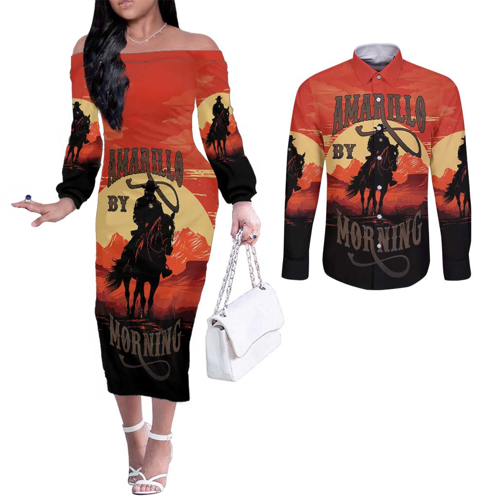 Rodeo Cowboy Couples Matching Off The Shoulder Long Sleeve Dress and Long Sleeve Button Shirt Amarillo By Morning - Wonder Print Shop