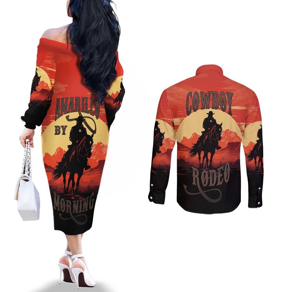 Rodeo Cowboy Couples Matching Off The Shoulder Long Sleeve Dress and Long Sleeve Button Shirt Amarillo By Morning - Wonder Print Shop