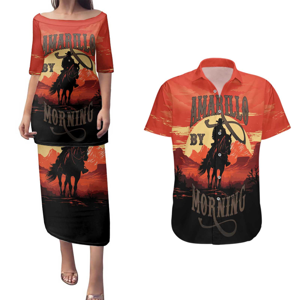Rodeo Cowboy Couples Matching Puletasi and Hawaiian Shirt Amarillo By Morning - Wonder Print Shop