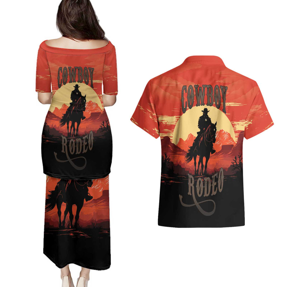 Rodeo Cowboy Couples Matching Puletasi and Hawaiian Shirt Amarillo By Morning - Wonder Print Shop