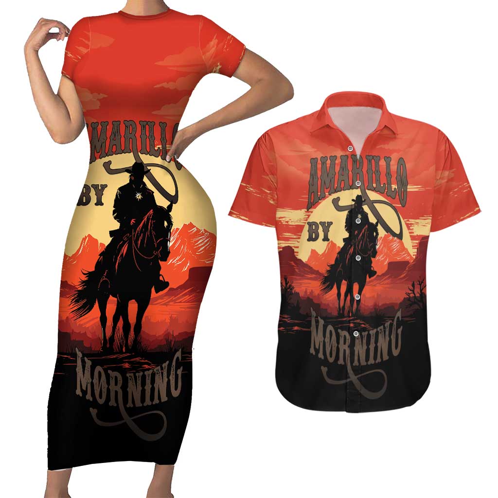 Rodeo Cowboy Couples Matching Short Sleeve Bodycon Dress and Hawaiian Shirt Amarillo By Morning - Wonder Print Shop